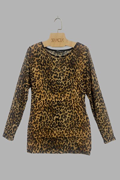 Seamoda Μπλούζα με μακρύ μανίκι από τούλι ελαστικό ύφασμα με μοτίβο λεοπάρδαλης-ΚΑΦΕ