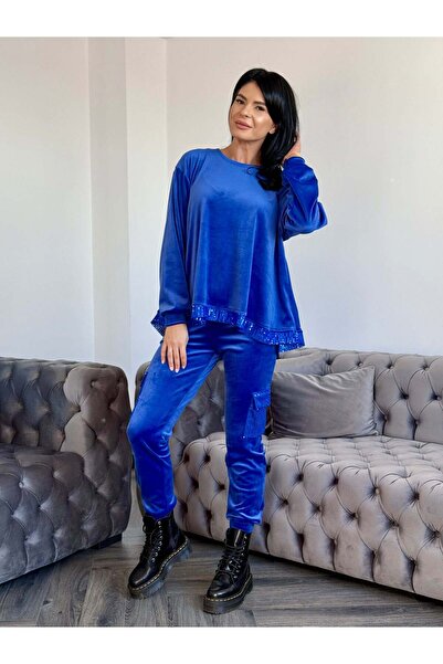 RAMONA BADESCU Velvet tracksuit with purple sequin details and cuffed pants