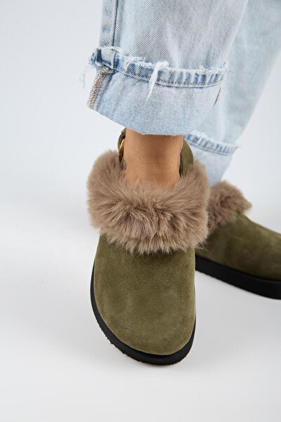 Manijero Antonella Fur Women's Genuine Leather Back Strap Platform Sabo Khaki Sandals