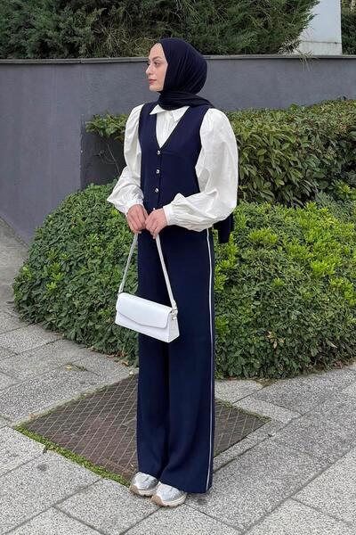 lamelif Piped Vest Set Set Navy Blue