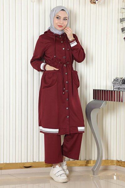 Modamihram Hooded Ribbed Suit Burgundy Msw19196-2
