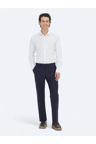 Kip Navy Blue Plain Weave Fitted Fit Classic Wool Blend Trousers