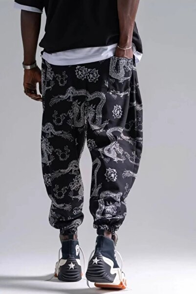 FG KONNİCHİWA Unisex Ethnic Patterned Loose Hippie Bohemian Baggy Pants with Elastic Waist and Cuffs and Pockets Ethnic Design