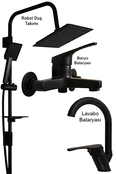 tesitay Siyah Banyo Seti Lavabo Banyo Bataryası Ve Robot Duş Takımı Komple Si...