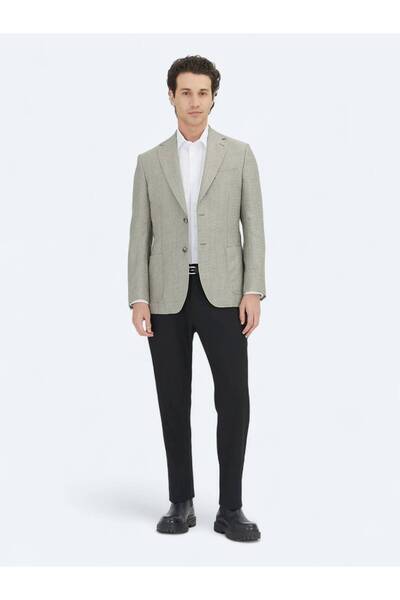 Kip Khaki Plain Modern Fit Wool Blend Jacket