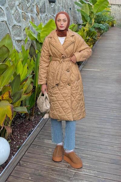 lamelif Jacket Collar Belted Quilted Coat Beige