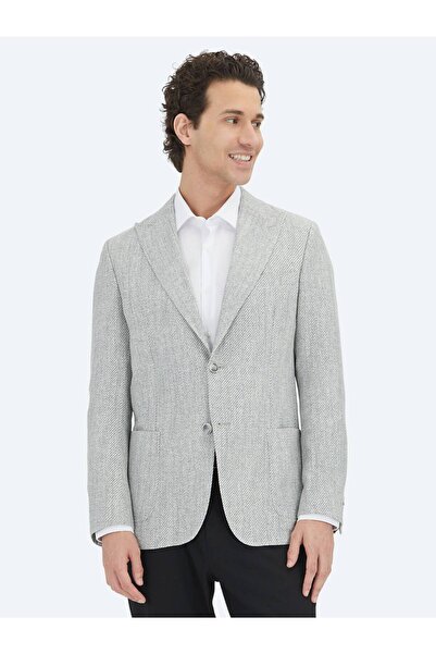 Kip Gray Patterned Modern Fit Linen Blended Jacket