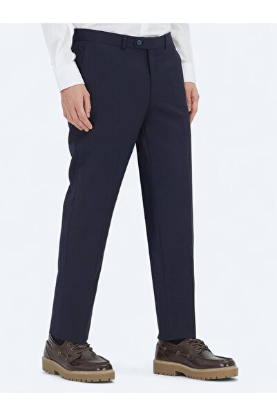 Kip Navy Blue Plain Weave Fitted Fit Classic Wool Blend Trousers