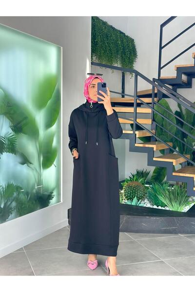 BÜRDE Siyah Renk Kapüşonlu Rahat Elbise