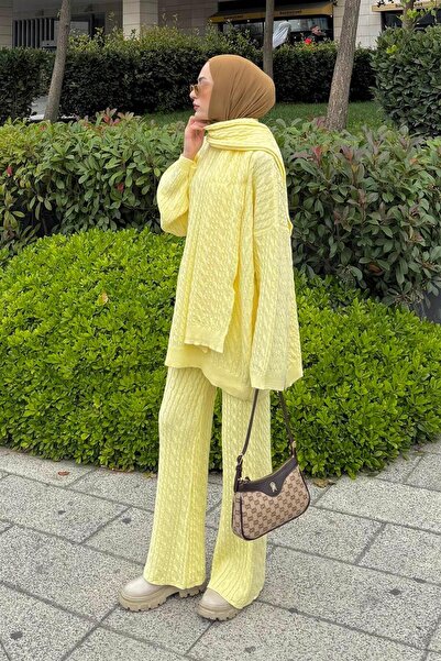 lamelif Knitted Pattern Double Suit with Scarf Yellow