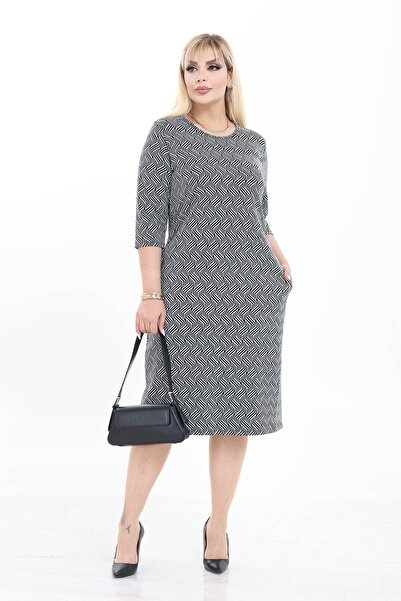 modayız Double Pocket Patterned Stretchy Winter Plus Size Midi Dress 7C-2734
