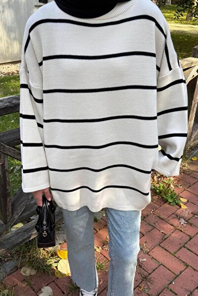 lamelif Ριγέ μακρύ πουλόβερ μπεζ