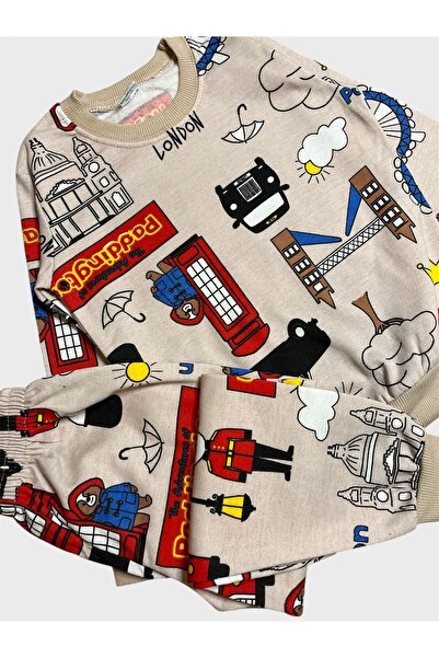 tusem butik homewear Boy's Cotton Fleece-Lined Beige Color Tree Cloud Patterned Long Sleeve Winter Pajama Set