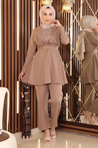 Modamihram Stone Detailed Belted Suit Mink Msw19122-4