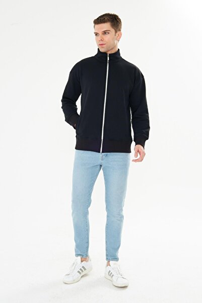 TRENDHİLL Ανδρικό μπλουζάκι από βαμβακερό φούτερ με φερμουάρ, μαύρο 9507-S