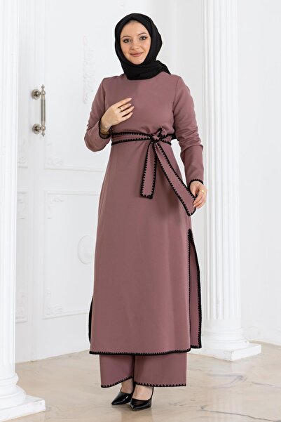 Modamihram Shepherd's Stitch Belted Suit Dusty Rose Msw19365-3