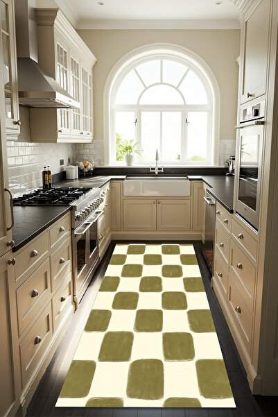 Etnik Dekor Yeşil Dama Desenli Dijital Baskı Kaymaz Taban Makinede Kolay Yıkanabilir Silinebilir Mutfak Halısı