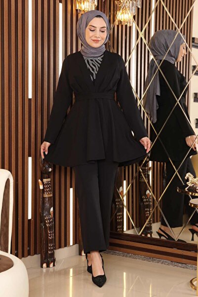 Modamihram Stone Detailed Belted Suit Black Msw19122-3