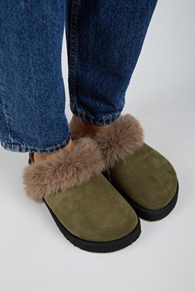 Manijero Ruzqahi Fur Women's Leather Genuine Leather Flat Platform Sabo Khaki Slippers