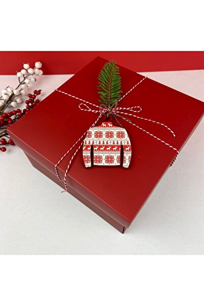 Zeta Collection Yılbaşı Kırmızı , Ahşap Kazak Süslü Boş Hediye Kutusu- 25 cm ...