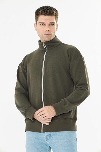 TRENDHİLL Ανδρικό μπλουζάκι από βαμβακερό φούτερ με φερμουάρ χακί 9507-H