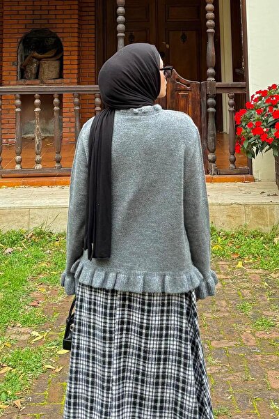 lamelif Ruffle Detailed Cardigan Gray