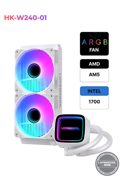 LOVINGCOOL معالج وحدة المعالجة المركزية من سلسلة HK Infinite Panel مع مروحة RGB ونظام تبريد سائل 240 مم باللون الأبيض