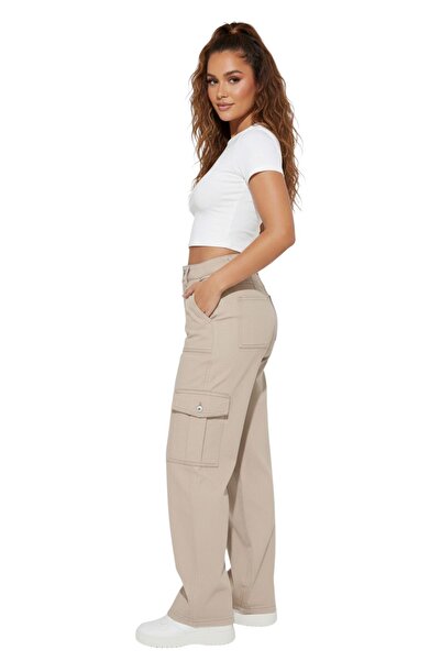 katalya Utility Cargo Wide Leg Casual Gabardine Trousers with Plenty of Pockets - Beige