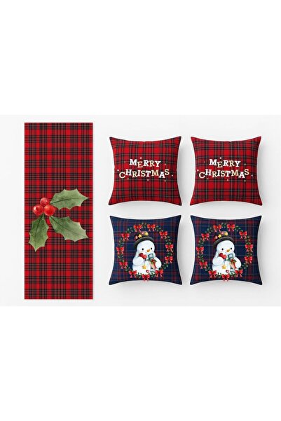 HANOVA CREATİVE Printed New Year 4 Pieces Kirlent - 1 Piece Plaid Runner Set New Year-New Year's Eve-Christmas-Noel