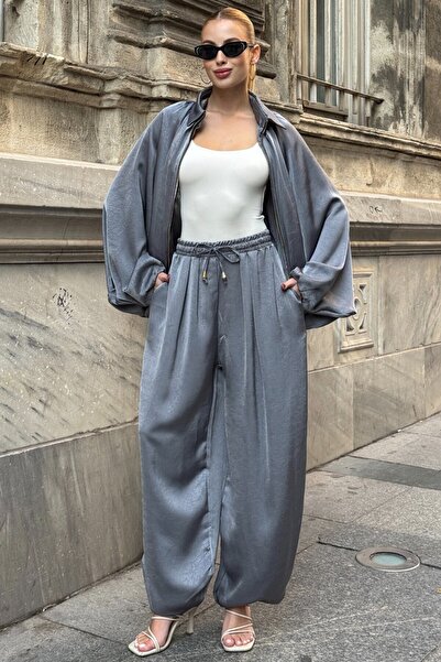 VAGGON Polo Collar Batwing Sleeve Zipper Closure Jacket and Elastic Waist Pants Casual Suit