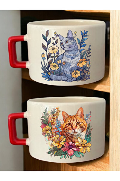 lili hediyelik Perfect Cat 2-Piece Mug Set - Mug, Mug with Handle, Large Tea Cup with Handle