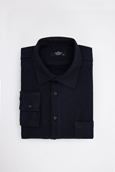 Tudors Men's Big Size Large Size Lumberjack Single Pocket Checkered Navy Blue Winter Shirt