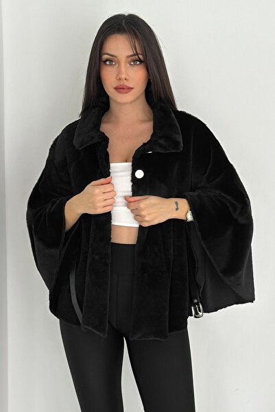 VAGGON Women's Black Belt Detailed Plush Poncho Vs01566