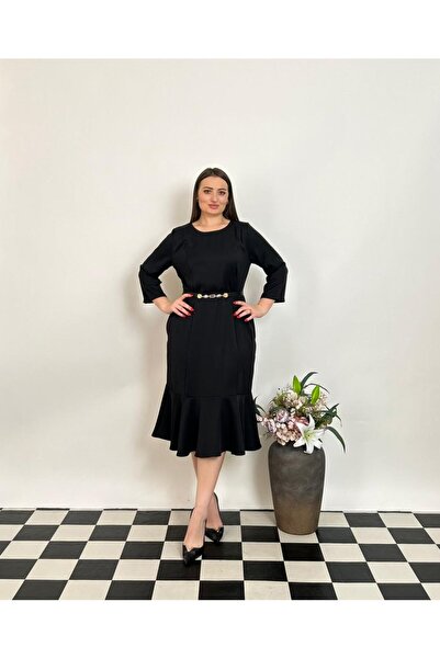 DE WHITES Plus size belted dress with fish detail bottom skirt part