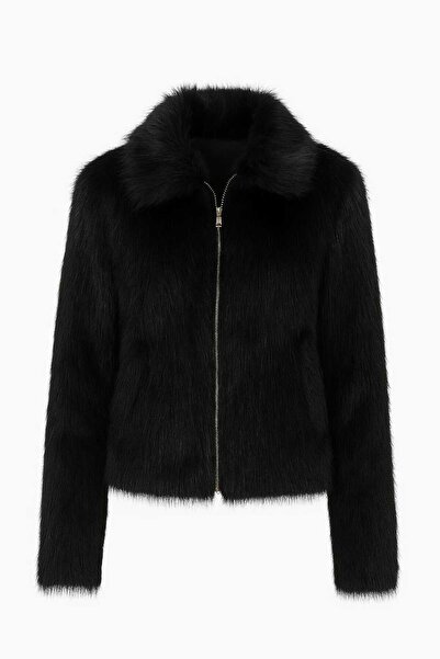 ECK MODA Women's Zipper Detail Plush Coat with Side Pockets