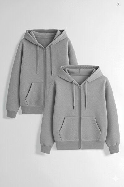 KVİNS 2'Li Unisex Fermuarlı Kapüşonlu Basic Sweatshirt Hırka - Pamuklu Rahat ...