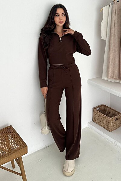 VAGGON Women's Brown Half-Zip Crop Sweat and Wide-Leg Sweatpants Set Vs01568
