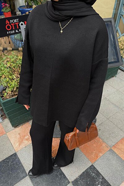 lamelif Plain Crew Neck Suit Black