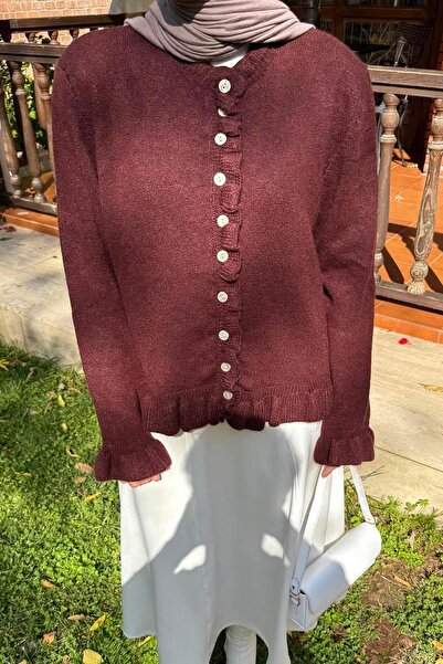 lamelif Ζακέτα με λεπτομέρεια βολάν μπορντό