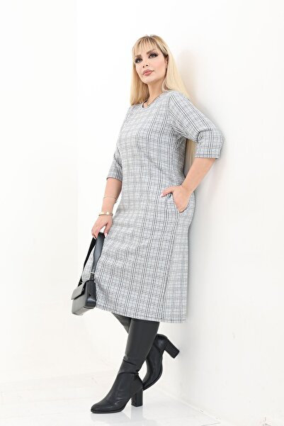 modayız Double Pocket Patterned Stretchy Winter Plus Size Midi Dress 10C-2735