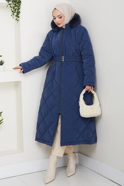 hafsamina Nova Plus Size Quilted Coat Navy Blue Hm2866