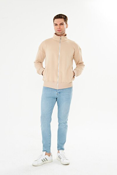 TRENDHİLL Ανδρικό μπλουζάκι από βαμβακερό φούτερ με φερμουάρ μπεζ 9507-B