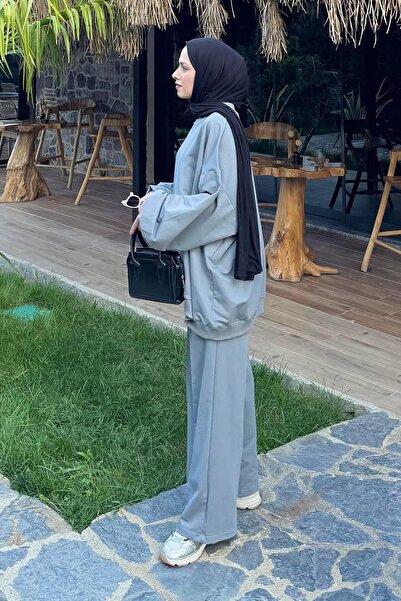 lamelif Hooded Pants Two-Piece Hijab Set Gray