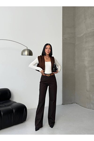 moda paketi Ψηλόμεσο καφέ τζιν φαρδύ μπατζάκι παντελόνι-με ζώνη