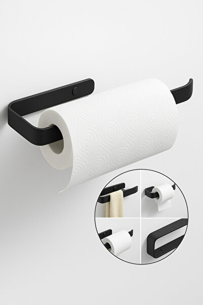 PooleMark Siyah Metal Yapışkanlı Kağıt Havlu Tutucu Delmeden Dolap Altı Duvar...