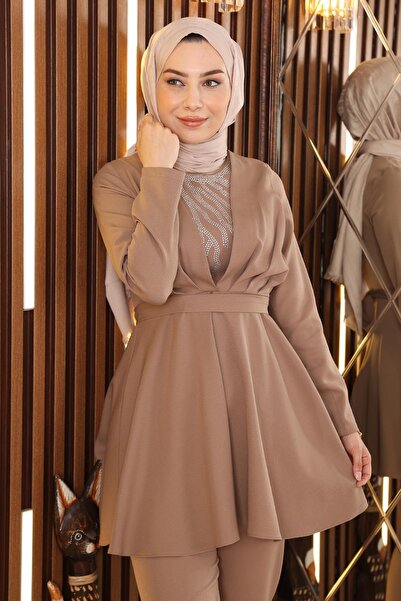 Modamihram Stone Detailed Belted Suit Mink Msw19122-4