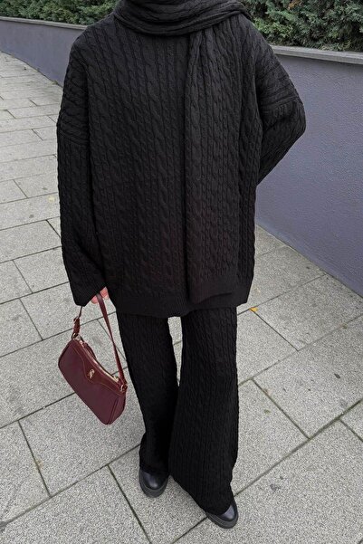 lamelif Knitted Pattern Double Suit with Scarf Yellow