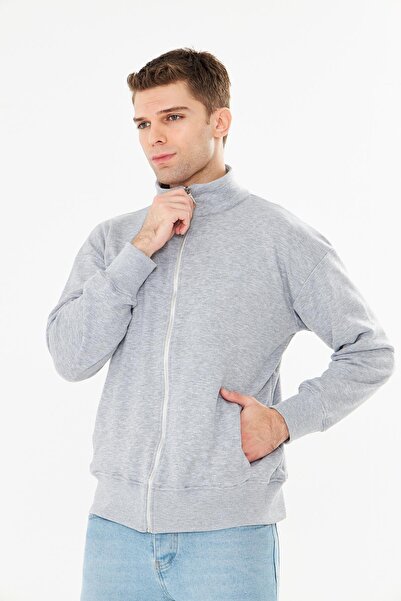 TRENDHİLL Ανδρικό μπλουζάκι από βαμβακερό φούτερ με φερμουάρ γκρι μελανζέ 9507-G