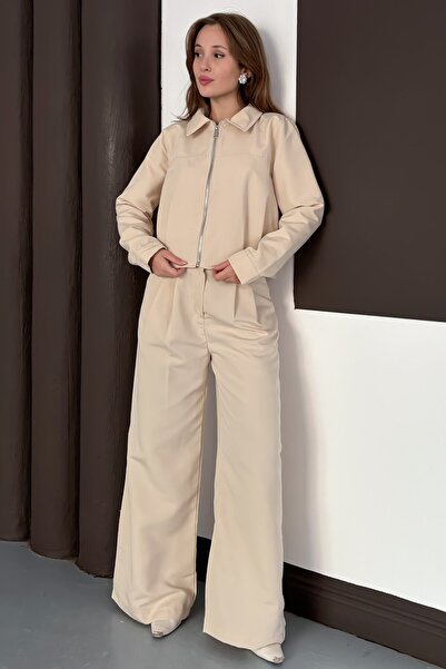 VAGGON Women's Stone Zipper Closure Sweat Wide Leg Pants Set Vs01564