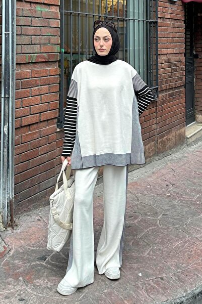 lamelif Side Striped Poncho Hijab Set Cream